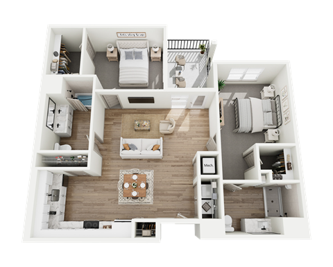 Floor plan for 2 beds, 2 baths